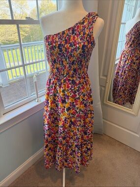 One-Shoulder Floral Midi Dress in Purple & Yellow